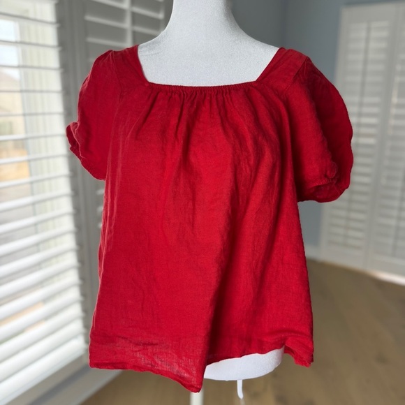 Tops - Red Linen Puff Sleeve Blouse Size Small